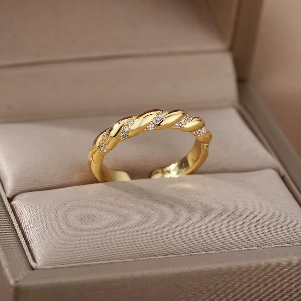 Twisted Zirconia Open Ring – Geometric Gold Stainless Steel for Women